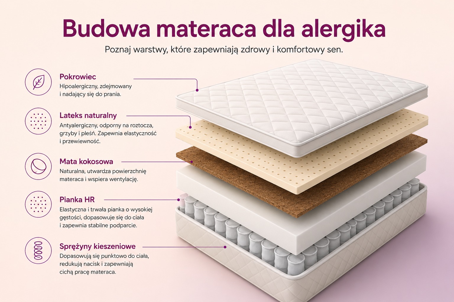 Budowa materaca antyalergicznego — pokrowiec, lateks, kokos, pianka HR, sprężyny kieszeniowe